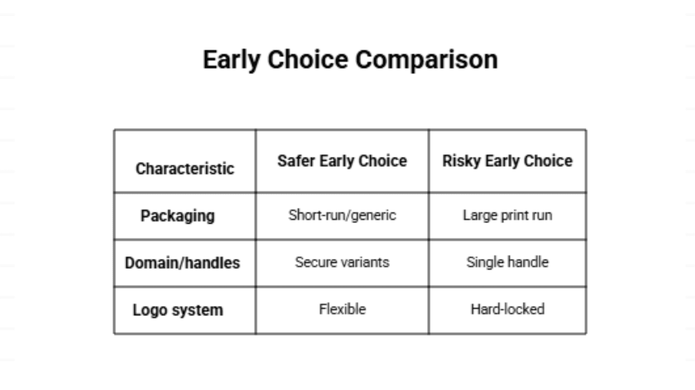 Table comparing safer versus risky early choices for packaging, domain handling, and logo systems.