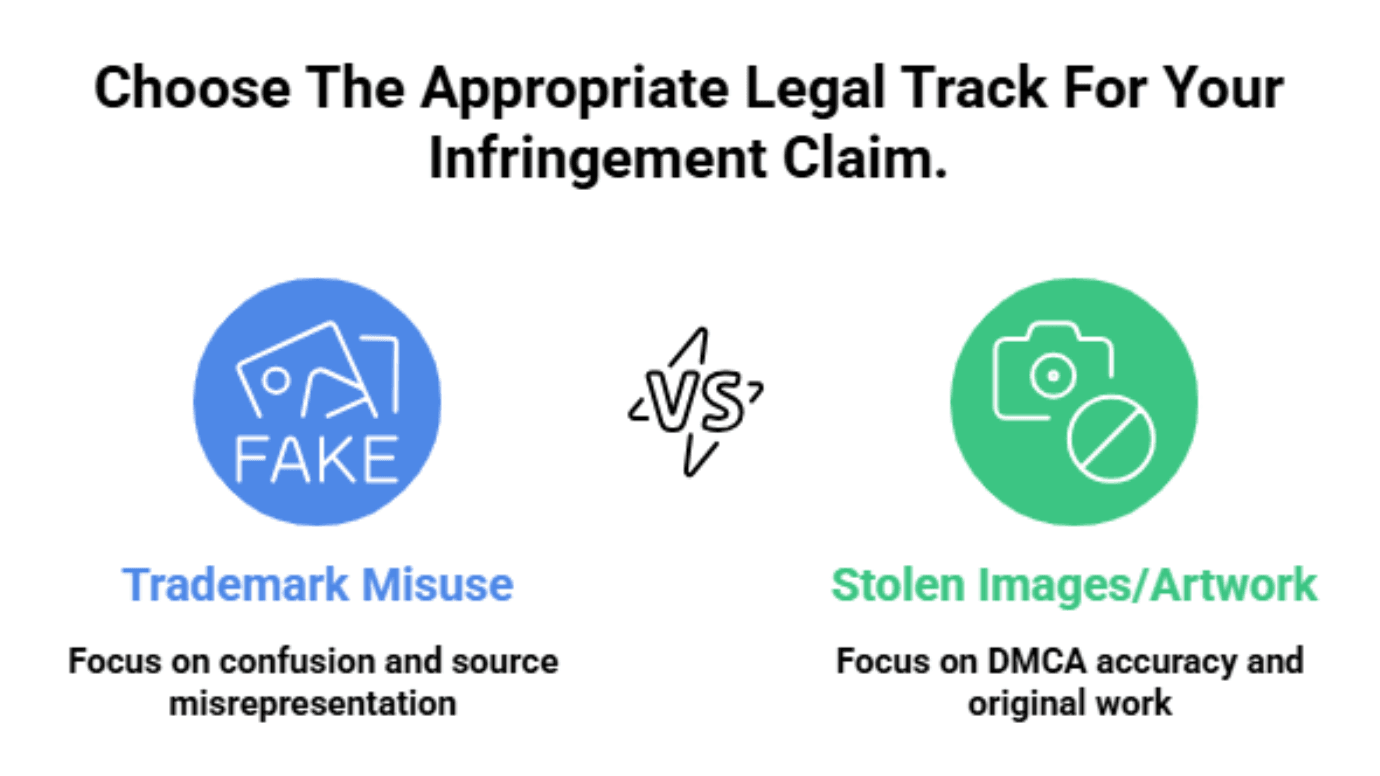 Diagram showing legal tracks for infringement claims: Trademark Misuse versus Stolen Images/Artwork.