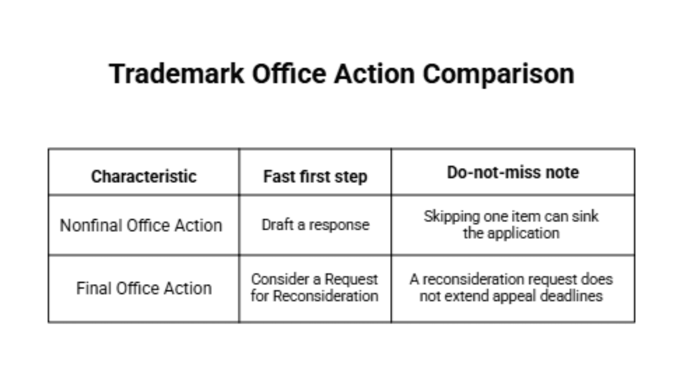 Table comparing nonfinal and final trademark office actions, outlining first steps and critical notes.